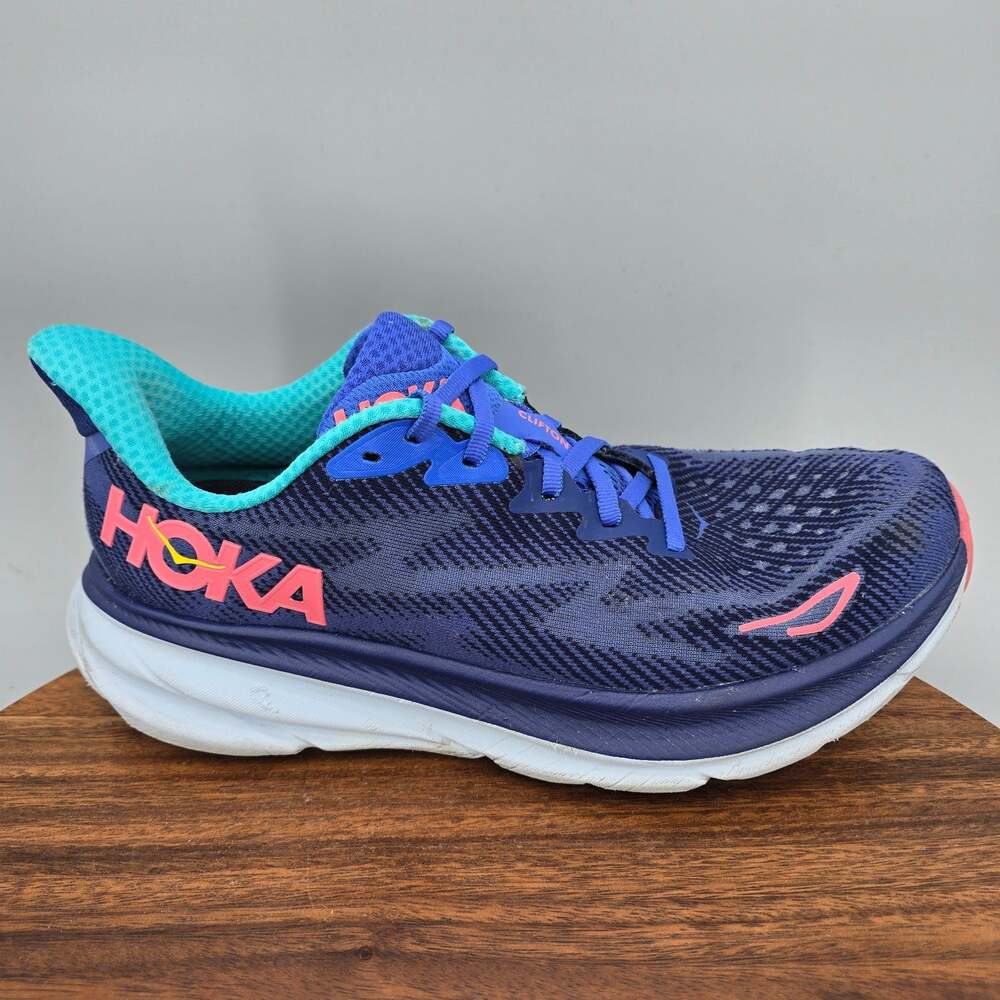 Hoka One One Clifton 9 Shoes Womens 9.5 B Blue Pink Running Cushioned Sneakers